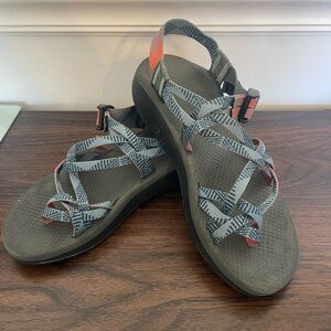 Blue and orange Chaco sandals